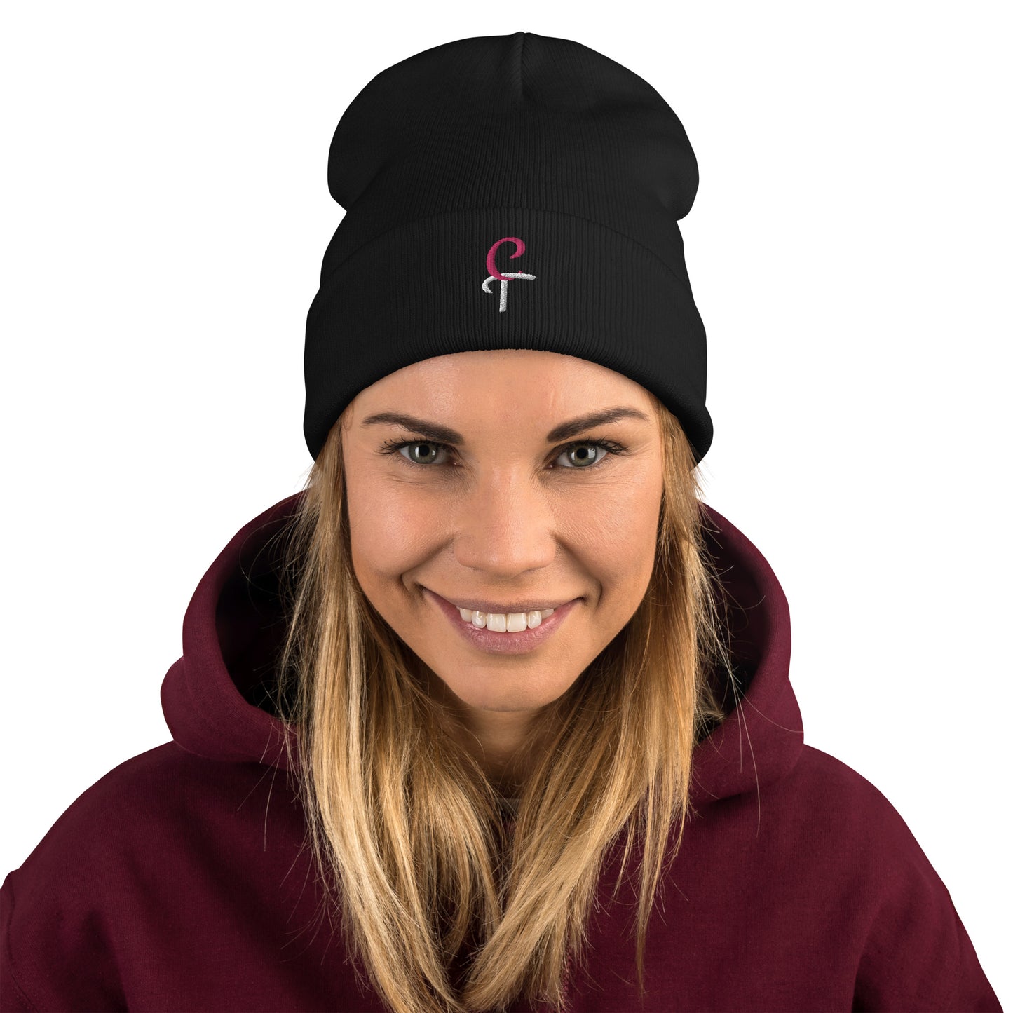 Pink/White embroidered black beanie