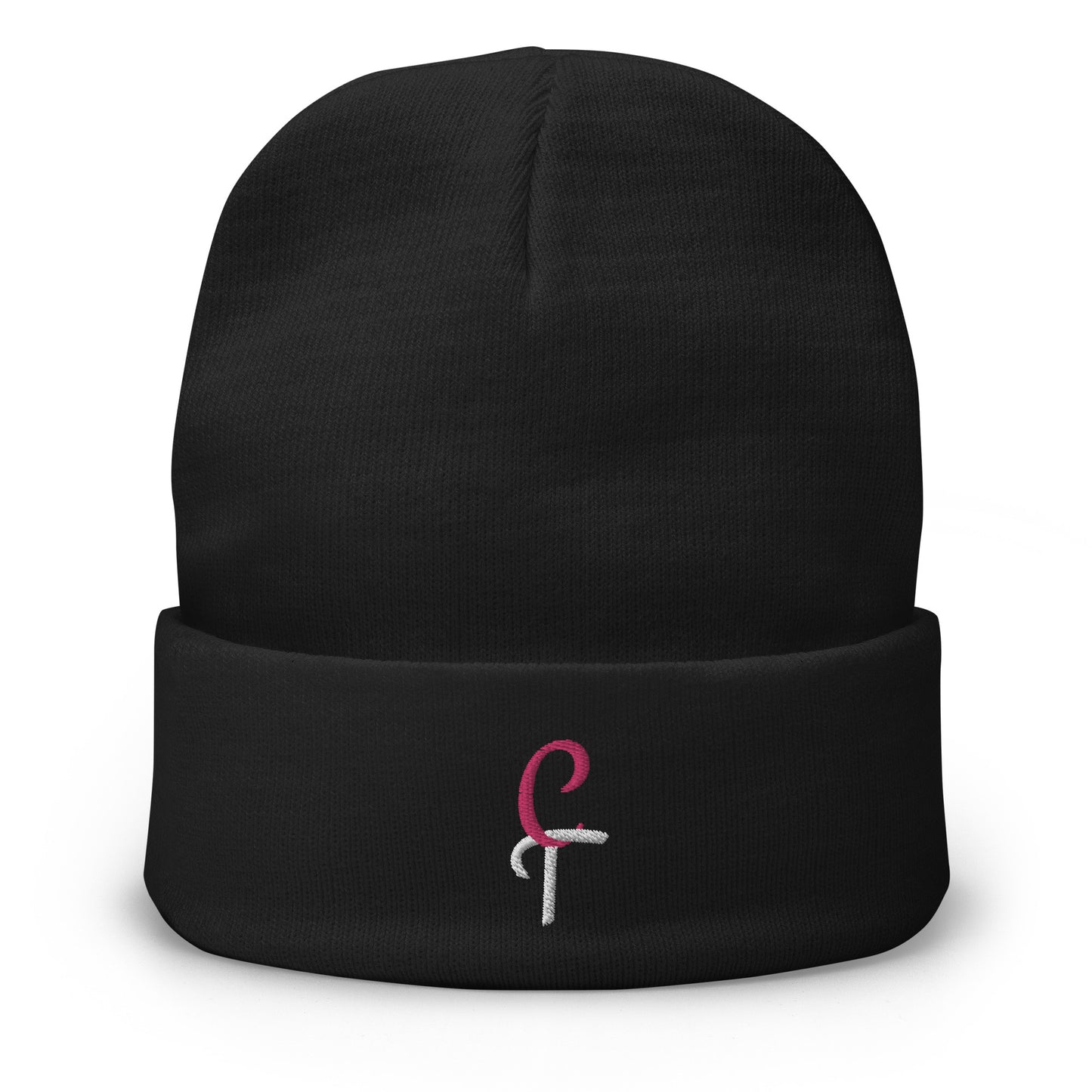 Pink/White embroidered black beanie